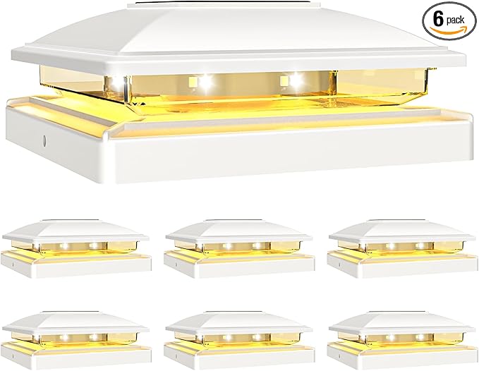 VOLISUN Solar Post Cap Light Outdoor Waterproof 6pack,Solar Fence - Post Lights for 4x4 5x5 6x6 Wooden/Vinyl Post,White Deck Post Cap Light Solar Powered with Warm White for Garden/Patio/Porch
