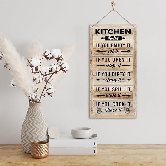 Hanging Kitchen Rules Wood Decor Sign, Rustic Kitchen Wooden Signs, Printed Wood Wall Art Sign, Kitchen Door Rules Rustic Sign, Hanging Wood Sign Kitchen Decor, Funny Farmhouse Kitchen Wall Décor E1