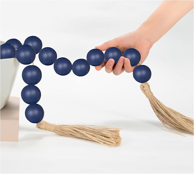 OMISHE Extra Large Wood Bead Garland in Navy Blue with 1.6" Diameter Wooden Beads and Tassels, 41" Long Rustic Farmhouse Country Decorative Beads for Home Wooden Decor, Navy Blue