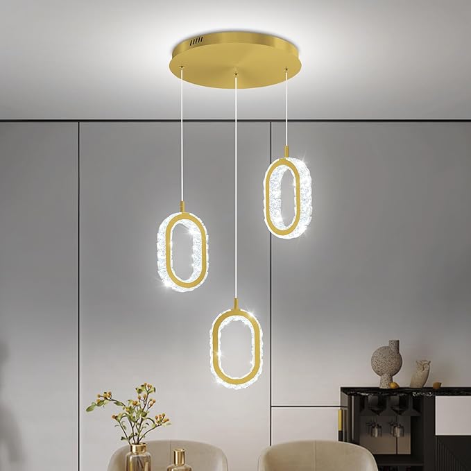 Dimmable Oval Pendant Light Modern LED Pendant Lights for Kitchen Island Adjustable Crystal Ring Chandelier for Dining Room Bedroom Living Room 3-Light Gold
