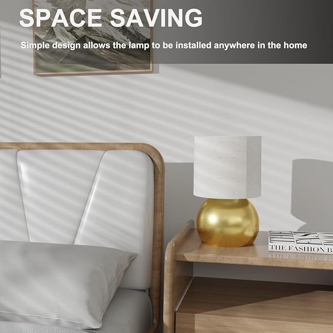 Set of 2 Small Gold Spherical Base Bedside Table Lamp with Textured Linen Shade (Bulb Included)