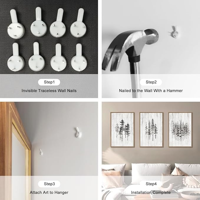 HPINUB Woodcut Style Pine Tree Framed Canvas Wall Art Set, Minimalist Modern Black and White Forest Wall Decor, Rustic Minimalist Canvas Painting for Living Room,Bedroom,Office Decor-16 x24 x3