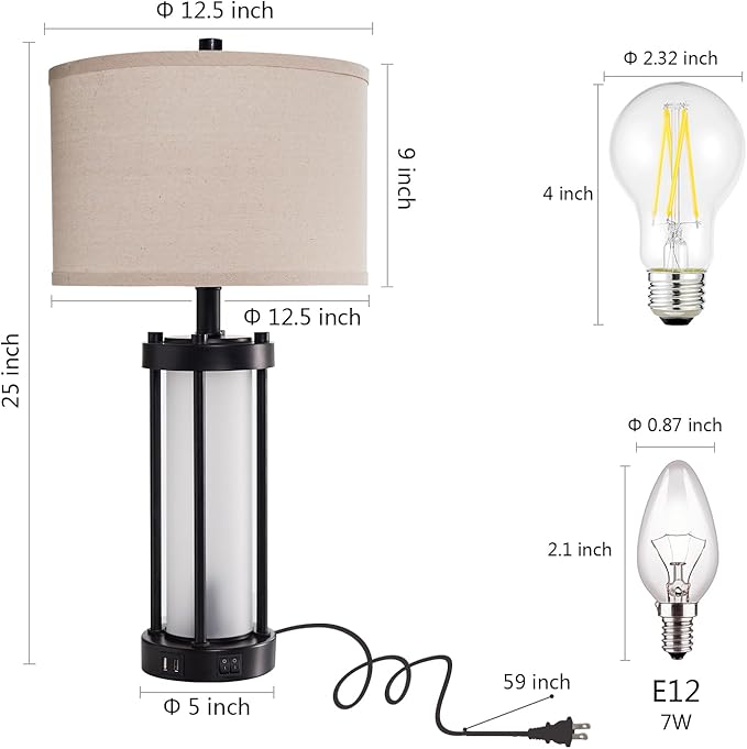 Modern Table Lamps for Living Room, Industrial Beside Lamps with 2 USB Ports, Rustic Nightstand Lamp with White Frosted Glass Night Light for Bedroom End Table Entryway, 2 Bulb Included
