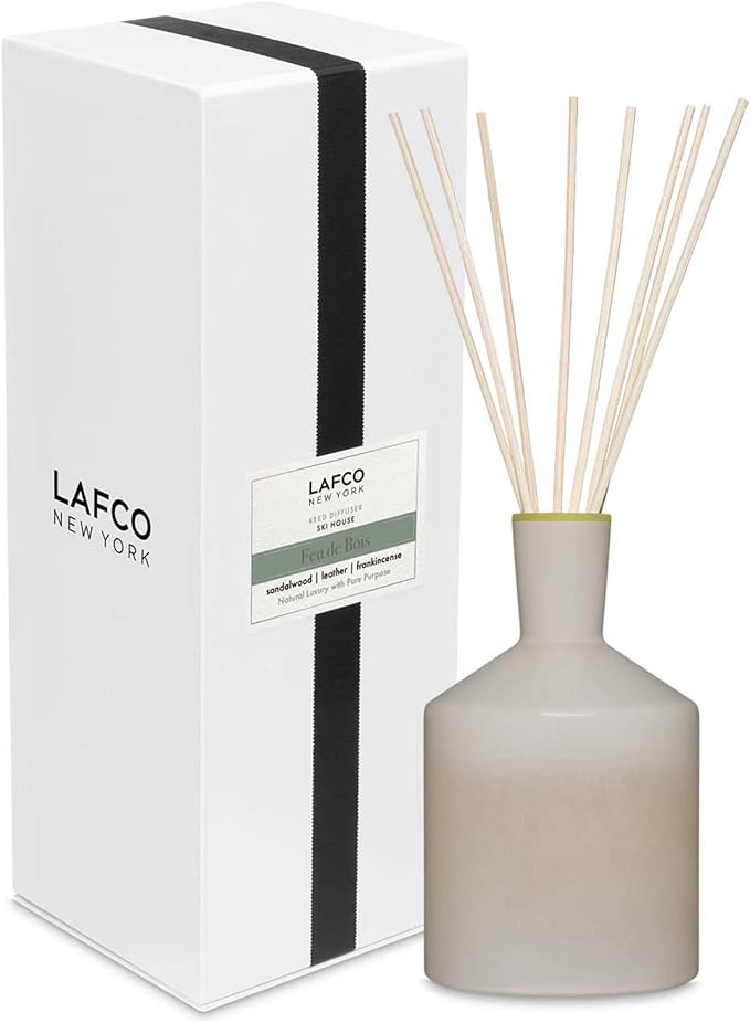 LAFCO New York Classic Reed Diffuser, Feu de Bois - 6 oz - Up to 3 Months Fragrance Life - Reusable Glass Vessel - Natural Wood Reeds - Made in The USA