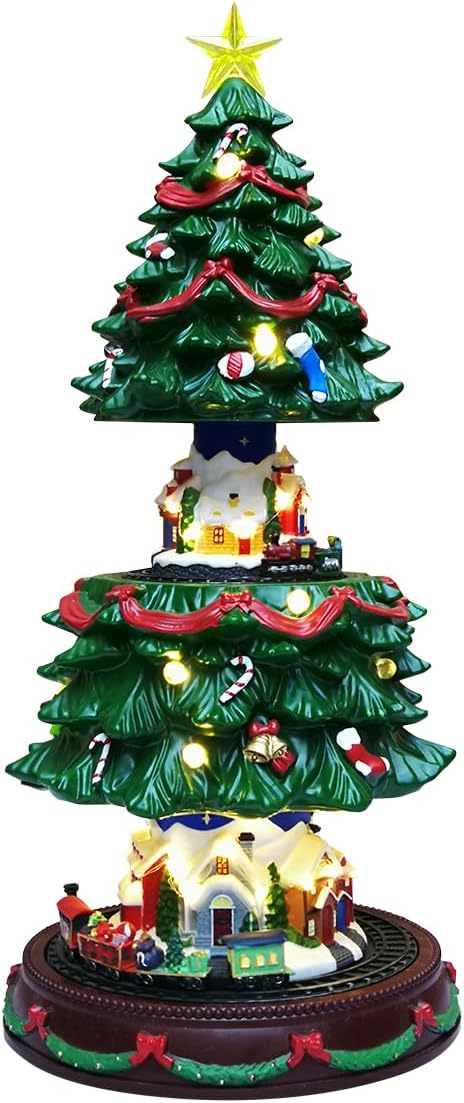 19" Christmas Tree Village House - Animated Tabletop Display with Moving Train, Up & Down Christmas Tree, LED Lights, and Holiday Music - Adapter Included Christmas Decor for Home Gift