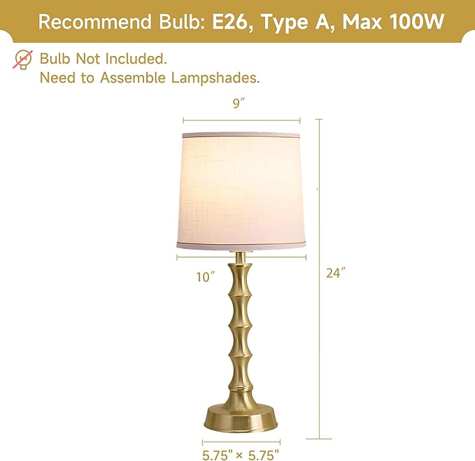 24" Small Table Lamp for Bedroom, Gold Bedside Lamps for Nightstand Set of 2, Small Gold Lamps for Living Room Set of 2, Modern Accent Lamp for End Table, Kitchen, Small Lamps for Kids Room