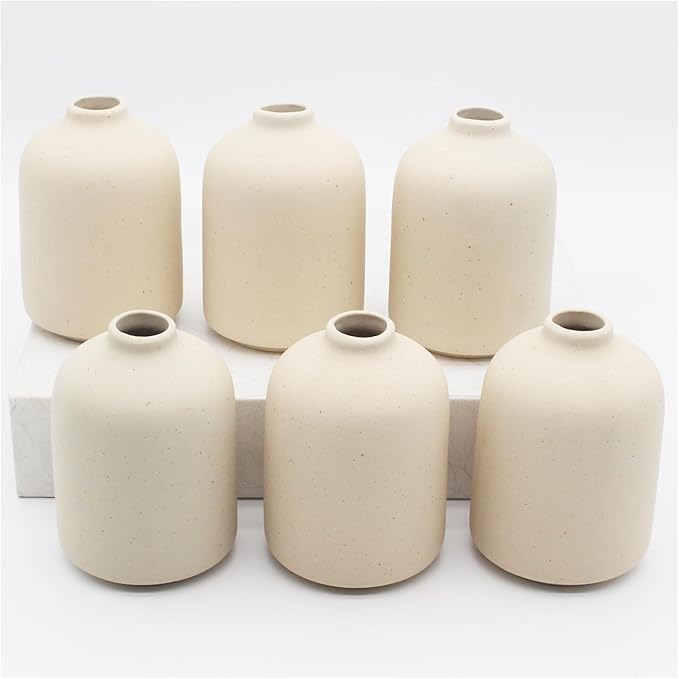 YANLING 6 Pack Small Vase for Flowers Boho Vases for Home Decor, Modern Light Yellow Ceramic Vases for Pampas Grass Simple Shelf Vase, Bud Vases for Wedding Dinner Table Party