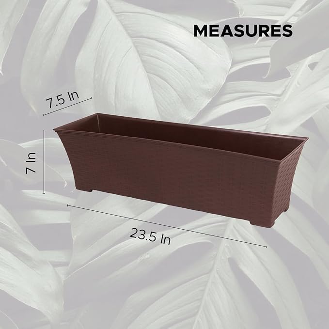 Elly Décor Set of 2 24x8 Rectangular Modern, Resistant and Self Watering Planter with Rattan-Like Finish, 24", Chocolate Brown