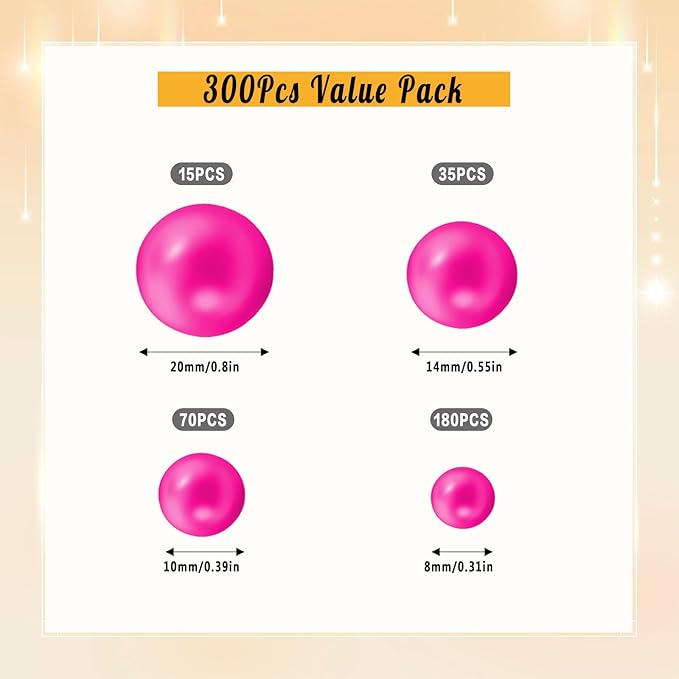 300Pcs Pearl Vase Filler, Rosepink No Hole Faux Pearl Beads for Centerpieces Vases, Candle Centerpieces, Wedding Birthday Party Home Decor 8/10/14/20mm