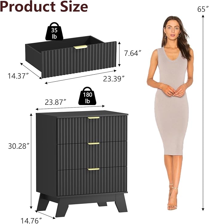 Fluted Dresser for Bedroom,3 Drawer Dresser for Closet,Storage Cabinet and Chest of Drawers with Gold Handle,TV Stand,Storage Organizer for Living Room,Hallway,Entryway,Black