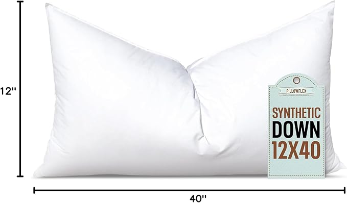 Pillowflex Synthetic Down Pillow Insert - 12x40 Down Alternative Pillow, Ultra Soft, Large Rectangle Body Sleeping Pillow, Lumbar, Long, Back - 1 Decorative Pillow Form