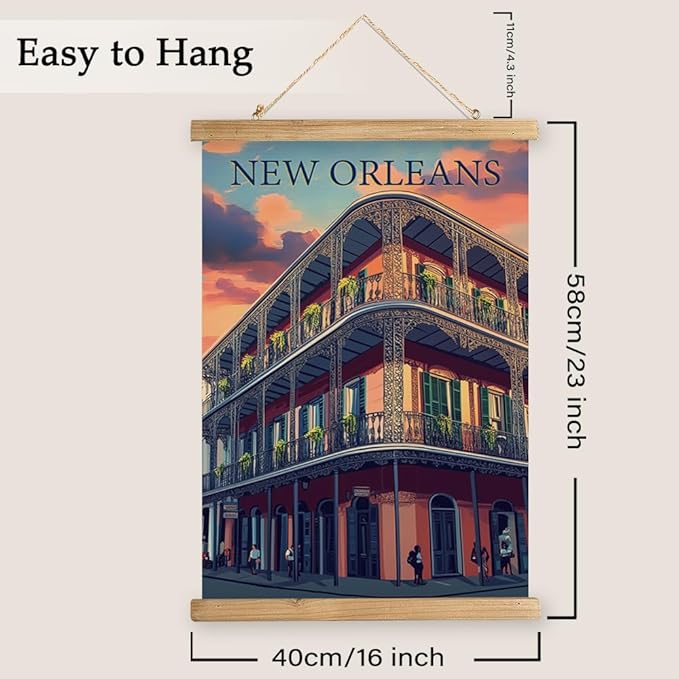 WREVERW Vintage New Orleans Poster Canvas Print with Wooden Hanger Frame, Featuring French Quarter Architecture and Iconic Iron Balconies, Wall Art for Home and Office Decor, 16x23 inches