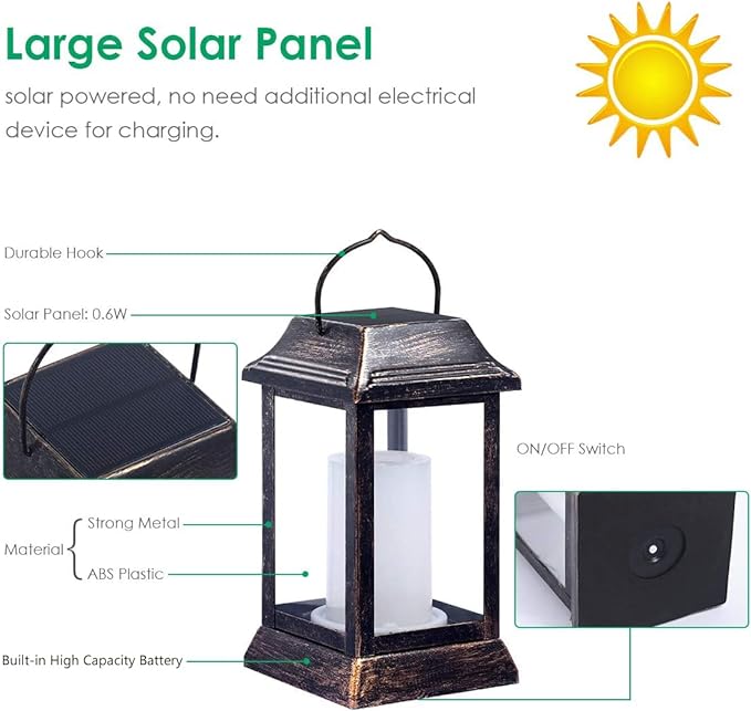 TomCare Solar Lights Metal Flickering Flame Solar Lantern Outdoor Hanging Lanterns Lighting Heavy Duty Solar Powered Waterproof LED Flame Lights for Patio Garden Christmas Decorations, 2 Pack (Bronze)