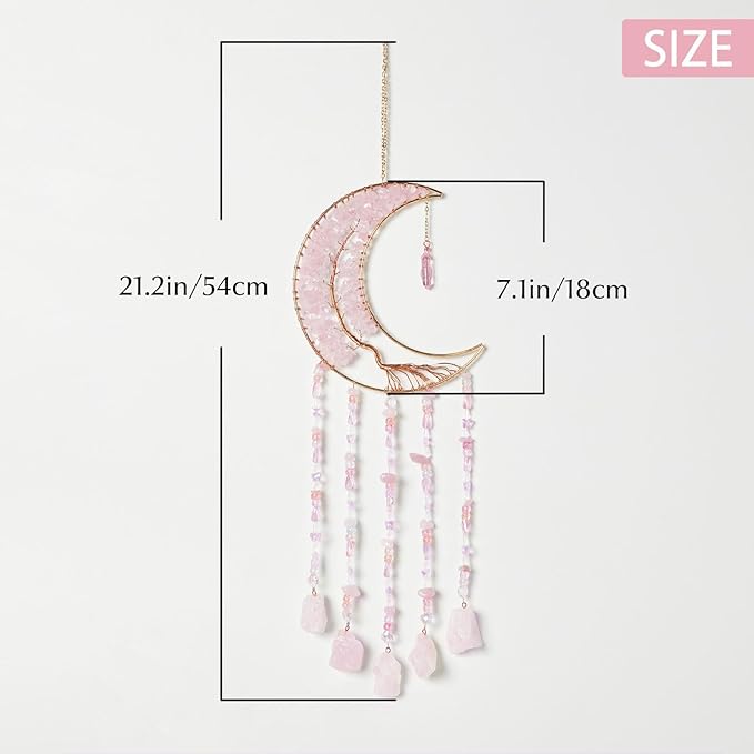 Fairy Pink Quartz Gemstone Dream Catcher 7 Chakras Tree of Life Moon Dream Catcher with Healing Crystal Stones Handmade Dreamcatcher Wall Decor for Adults Boys Girls,Bedroom,Wedding,Garden,Bless Gift