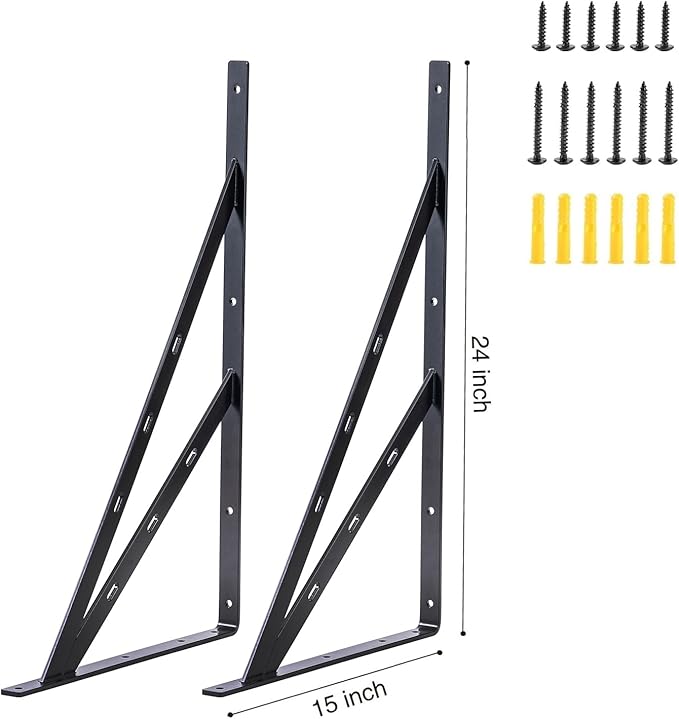 24 inch x 15 inch Heavy Duty Shelf Bracket ，Shelf Bracket 4Pack 24" Floating Shelf Brackets Corner Brace Joint Right Angle Bracket Black L Brackets Heavy Duty (24 inch x 15 inch)