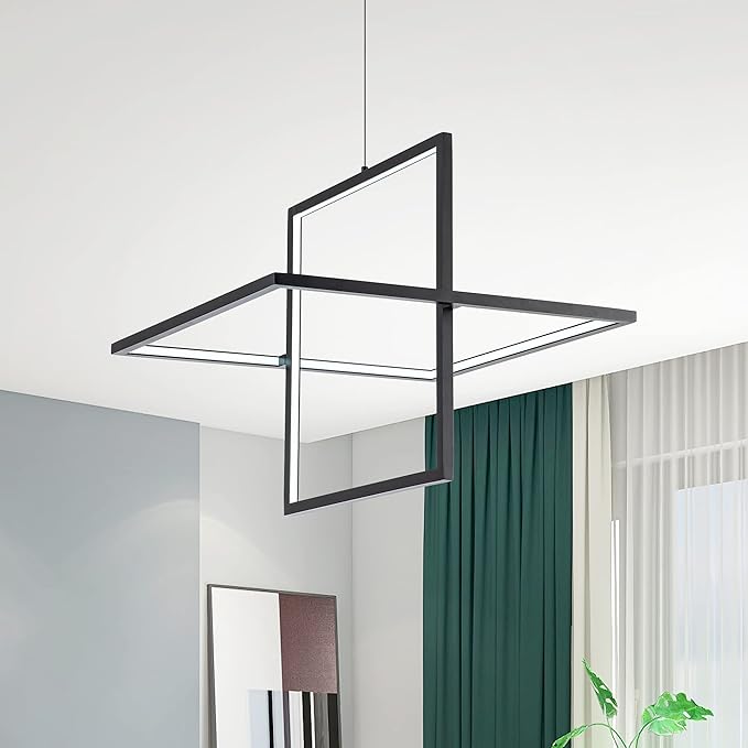 Modern LED Chandelier - Square Pendant Light, Contemporary Style, Dimmable for Living, Dining, Bedroom, Kitchen, Study Room - 65W, 6000K Cool Light (Black)