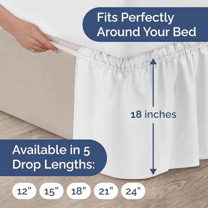 Wrap Around Dust Ruffle Bed Skirt - White - for Queen Size Beds with 18 Inch Drop - Easy Fit Elastic Strap - Adjustable Pleated Bedskirt w/Brushed Fabric - Wrinkle Free - for Women, Men, Kids & Teens