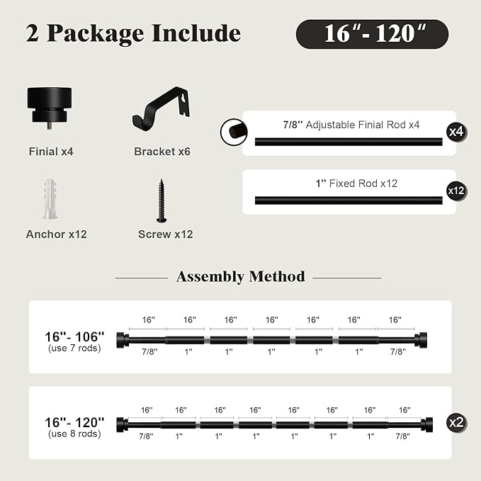 Oneach 2-Pack Heavy Duty Curtain Rods for Windows 66 to 120 Inch, 1 Inch Pole Adjustable Curtain Rod with Easy Installation and Modern Design (Black, 16 to 120 Inch)