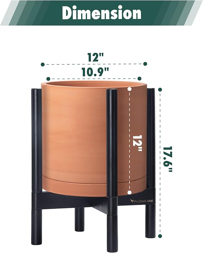D'vine Dev Terracotta Planter with Ebony Stand - 12 Inch Modern Round Flower Pot with Wood Planter Holder, Terracotta, 55-B-H-5