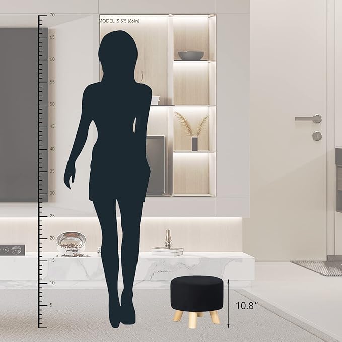 Asense Small Round Ottoman Foot Rest Stool Fabric Padded Seat Footstool Ottoman with Anti-Slip Wooden Legs (Black,Fabric)