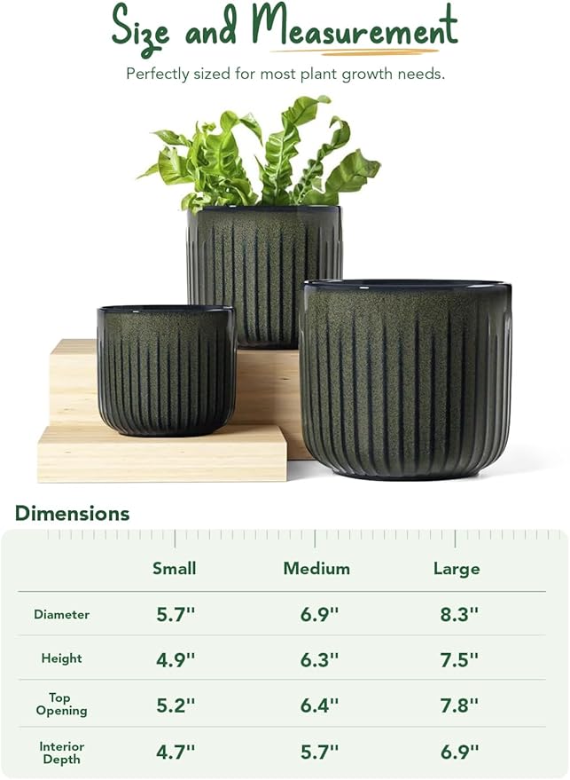 LE TAUCI Fluted Ceramic Planters Set of 3 – 8.3/7 / 5.7 in Dark Olive Reactive Cylinder Indoor Plant Pots with Drainage Plug & Mesh, Glossy Stoneware Flower Pots for Succulents Herbs