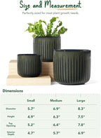 LE TAUCI Fluted Ceramic Planters Set of 3 – 8.3/7 / 5.7 in Dark Olive Reactive Cylinder Indoor Plant Pots with Drainage Plug & Mesh, Glossy Stoneware Flower Pots for Succulents Herbs