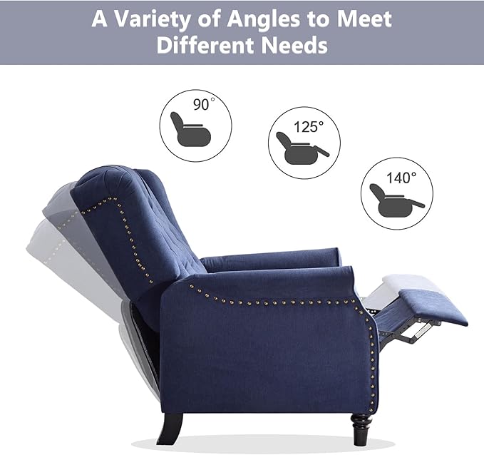 CANMOV Push Back Recliner Chair,Accent Chair, Mid Century Wingback Recliner, Fabric Push Back Recliner Chair Single Armchair Sofa with Rivet Decoration, Button-Tufted Back for Living Room,Dark Blue