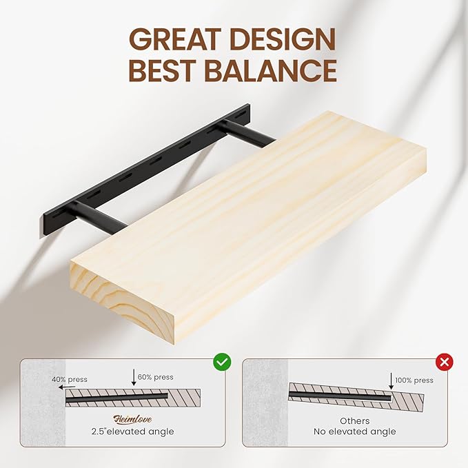 Heimlove 24 inch Floating Shelves for Wall,2 Packs Natural Pine Solid Wood Bathroom Shelf Over Toilet Decor and Storage 8 inches Deep for Kitchen Bedroom Office & Living Room Display Wall Decor