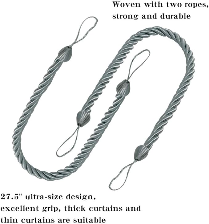 BEL AVENIR Curtain Rope Tiebacks, Drapery Rope Holdbacks with 4 Metal Screw Hooks (Light Blue-4 Pack)