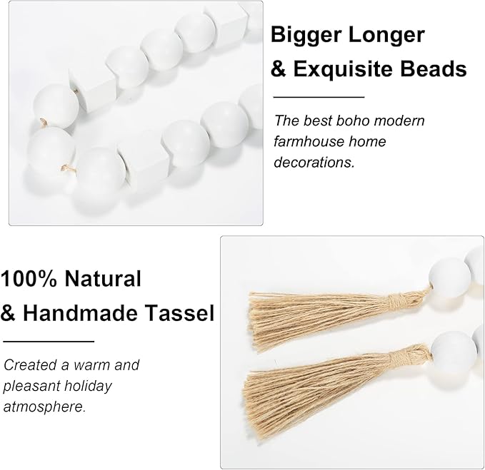 OMISHE White Extra Large Wood Bead Garland with 1.6" Diameter Wooden Beads and Tassels, 41.5" Long Rustic Farmhouse Country Boho Decorative Beads for Home Decor Tiered Tray Decor