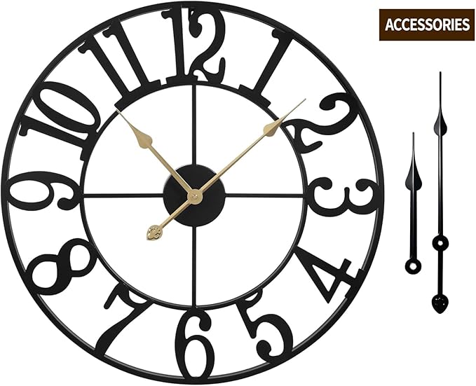 LEIKE Large Wall Clocks,Silent,Non Ticking,Battery Operated Big Retro Round Modern Metal Wall Clock for Living Room, Bedroom,Dinning Room,Farmhouse,Office,Home Decor-20 Inch(Black-Arabic Number)