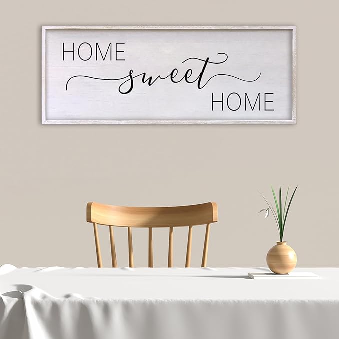 Home Sweet Home Sign Wall Decor 40"x15" Above Bed Living Room Large Wooden Framed Family Plaques Art (White)