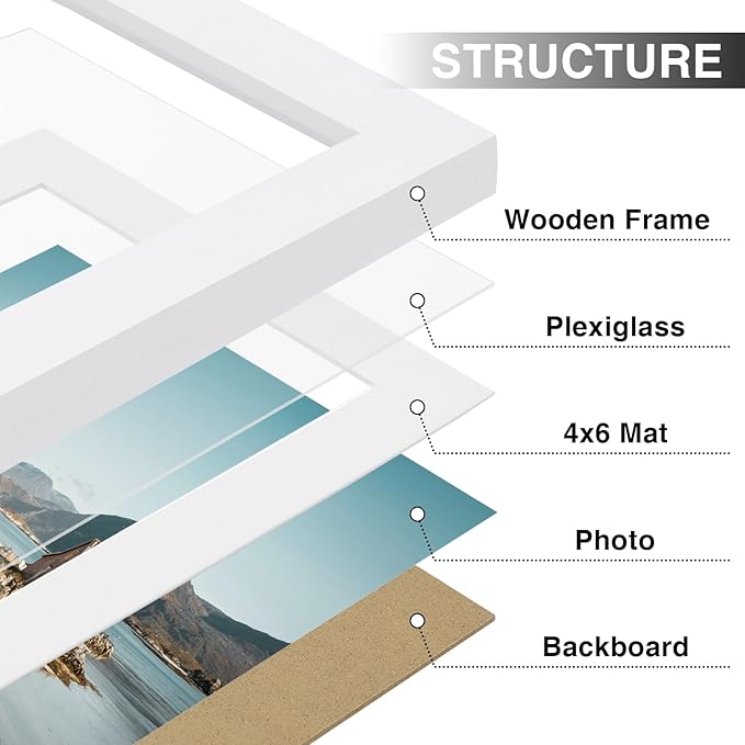 Vittanly 5x7 Picture Frames Set of 9, Shatter Resistant Plexiglass, Display 4x6 Pictures with Mat or 5x7 without Mat, Photo Frames for Wall or Tabletop, Engineered Wood, White