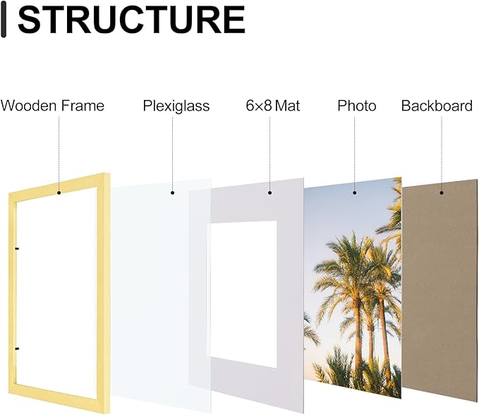 Vittanly 8x12 Picture Frames Set of 9, Shatter Resistant Plexiglass, Display 6x8 Pictures with Mat or 8x12 without Mat, Photo Frames for Wall or Tabletop, Engineered Wood, Gold