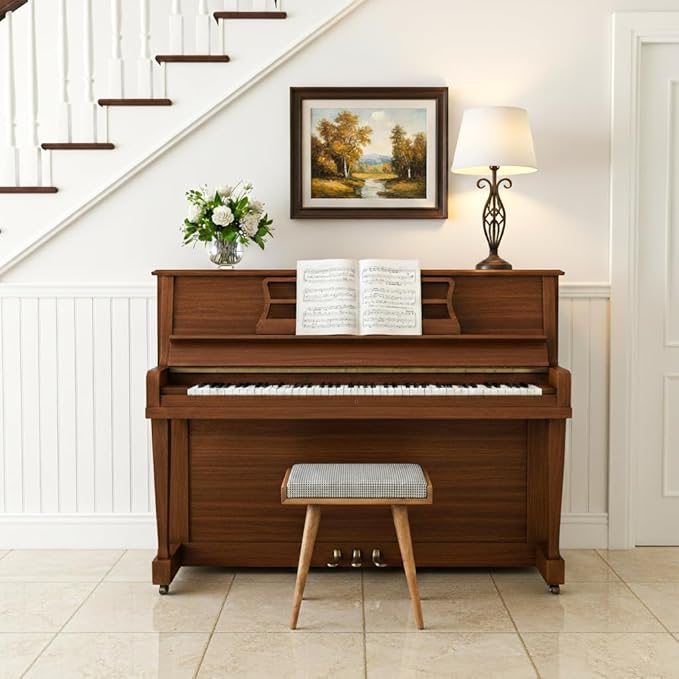 Walnut Ottoman Stool for Living Room | Upholstered in Crowbar Pattern Fabric | Versatile as a Piano Bench | Ideal Bedroom Bench | Functional Footstool Bench