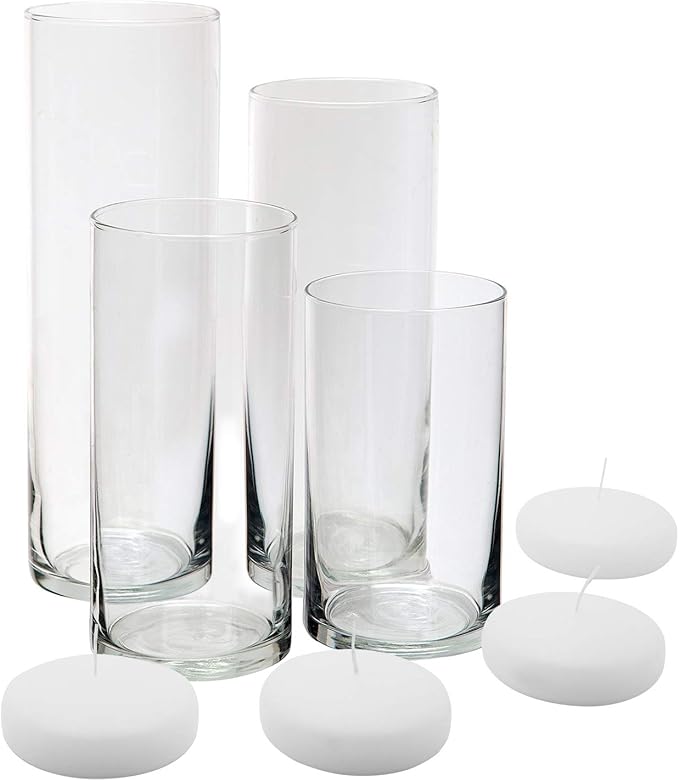 Royal Imports Glass Cylinder Flower Centerpiece Vases Set of 4 - Hurricane Candle Holder Pillar, Floating, Tealights - Use for Floral, Wedding, Home Decor, Holiday Includes 4 Floating Candles