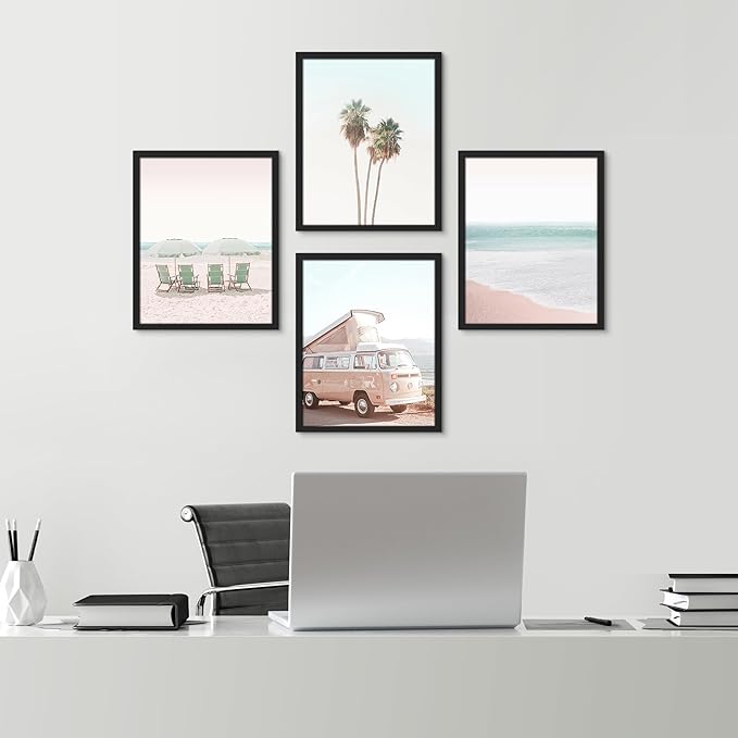 SIGNWIN Framed Collage Print Gallery Set 1980s Retro Miami Wall Art, Set of 4 Beach Landscape Wall Decor Prints, Nature Wilderness Wall Décor for Living Room, Bedroom - 12"x16" Black