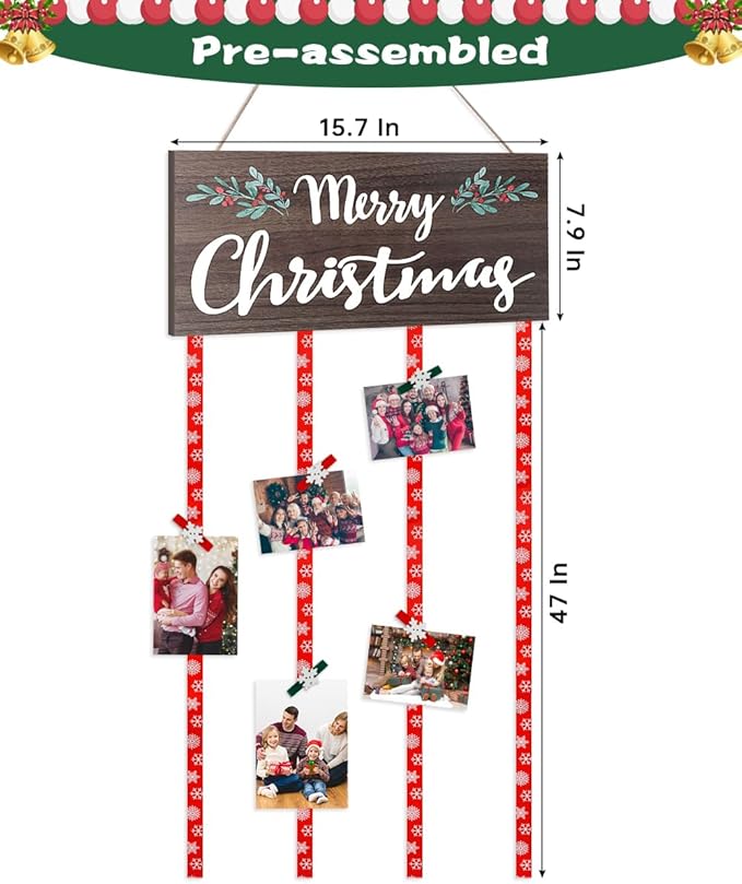 AKEROCK Christmas Card Holder Display, Christmas Wall Decor - Wooden Hanging Christmas Picture Frame with 30 Clips for Xmas Holiday Wall Door Window Home Décor