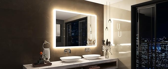 SBAGNO LED Bathroom Mirror with Lights, 32''x28'' 3D Border Bathroom Vanity Wall Mirror with Bluetooth, Anti-Fog, Stepless Dimming, 3 Colors, Tempered Glass Lighted Vanity Mirror for Bathroom
