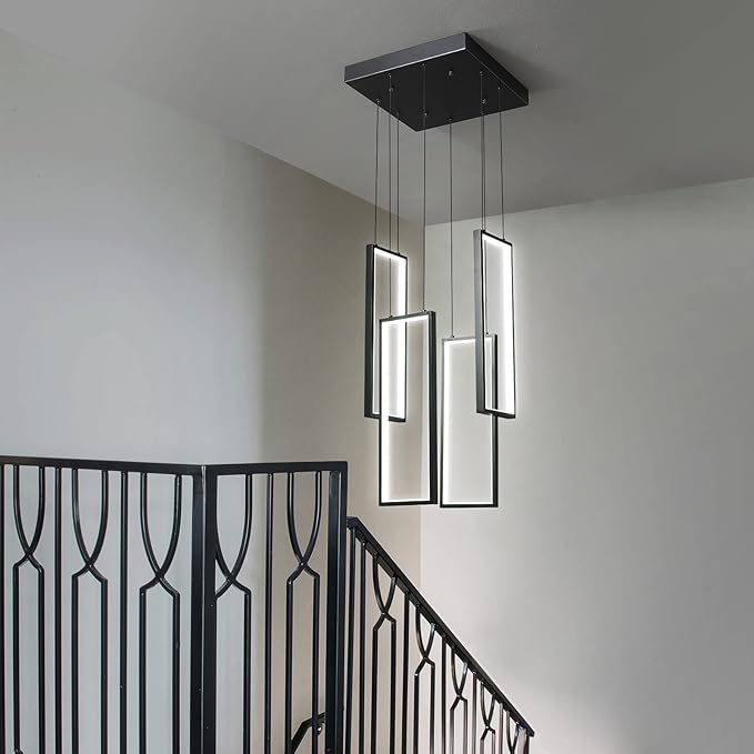 Modern Kitchen Island Dimmable Pendant Light Fixture Black 54W LED Pendant Lights 4 Rings Rectangular Chandelier Staircase Large Chandelier Lobby Living Room Foyer High Ceiling Chandeliers