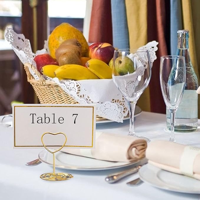 24 Pcs Mini Place Card Holders and 24 Pcs Place Cards with Gold Foil Border, Table Number Stand with Heart Shape, Table Card Holder Photo Picture Holder Memo Menu Clips for Wedding, Birthday