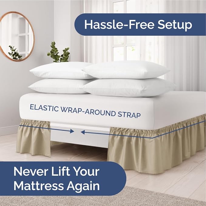 Wrap Around Dust Ruffle Bed Skirt - Beige - for Full Size Beds with 21 Inch Drop - Easy Fit Elastic Strap - Adjustable Pleated Bedskirt w/Brushed Fabric - Wrinkle Free - for Women, Men, Kids & Teens