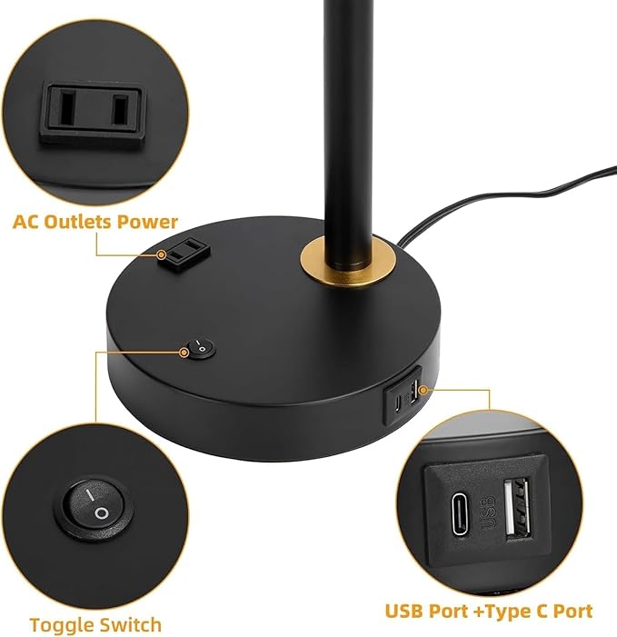 Desk Lamp with Dual USB Charging Port, Heavy Duty Metal Task Light, 340 Degree Swivel Arms, Easy Assembly with Cord Guide, Reading Lamp for Home Office, Black & Gold (Bulb Not Included)