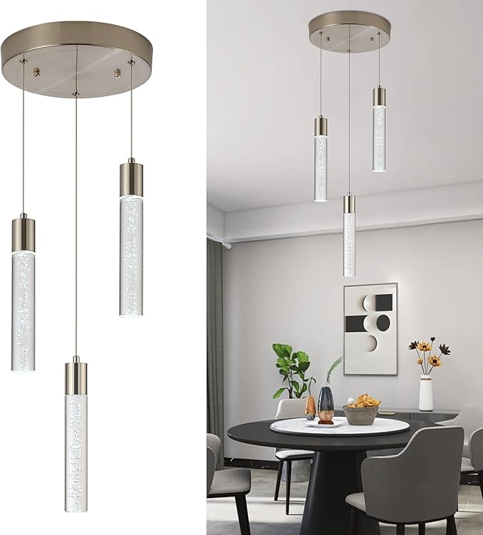 Pendant Light fixtures, Integrated 3-Light Pendant Lighting Silver Finish, Dimmable Pendant Lights Kitchen Restaurant, Dining Room