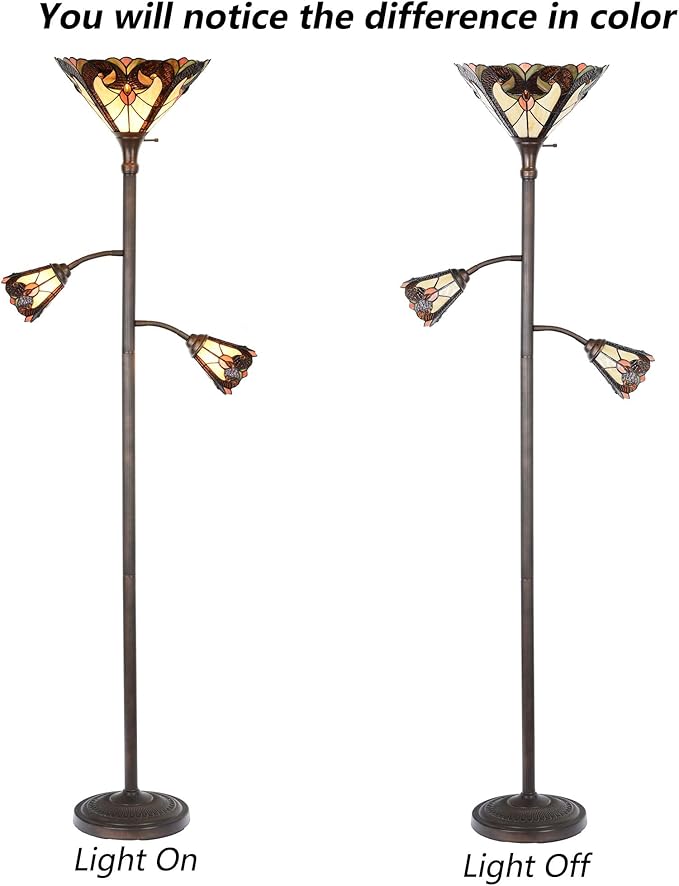 Bieye L10839 Baroque Tiffany Style Stained Glass Torchiere Floor Lamp with Sidelights for Reading, 70-inches Tall (Baroque, Brown)