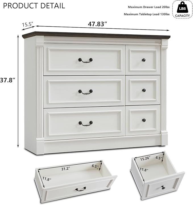 6 Drawers Dresser for Bedroom, Farmhouse 47.8" Wide Dressers & Chests of Drawers w/Roman Column, Wood Rustic Closet Dresser with Two Different Drawer Sizes for Bedroom, Living Room, White
