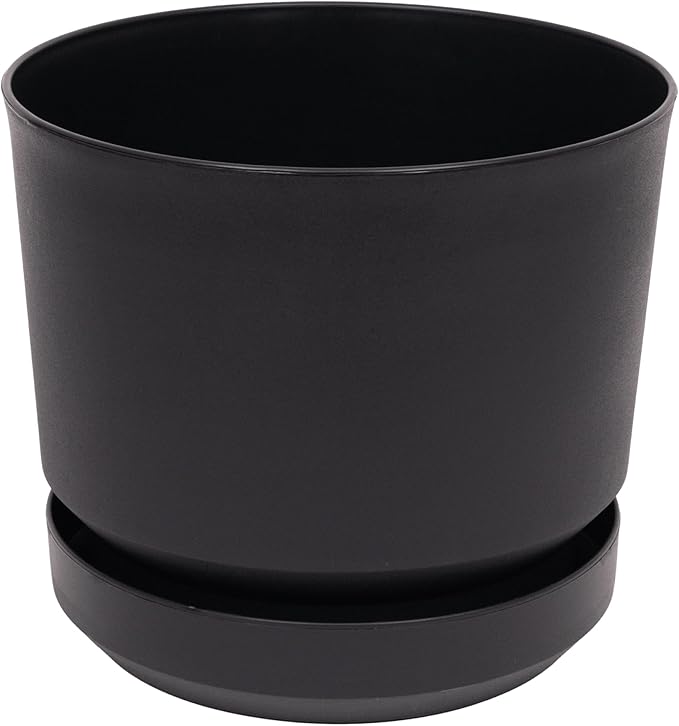 Elly Décor 14 inch Plastic Cylinder Planter Pot with Self-Watering Saucer and Drainage Hole,Lightweight & Extremely Durable, 14"x 14", Black
