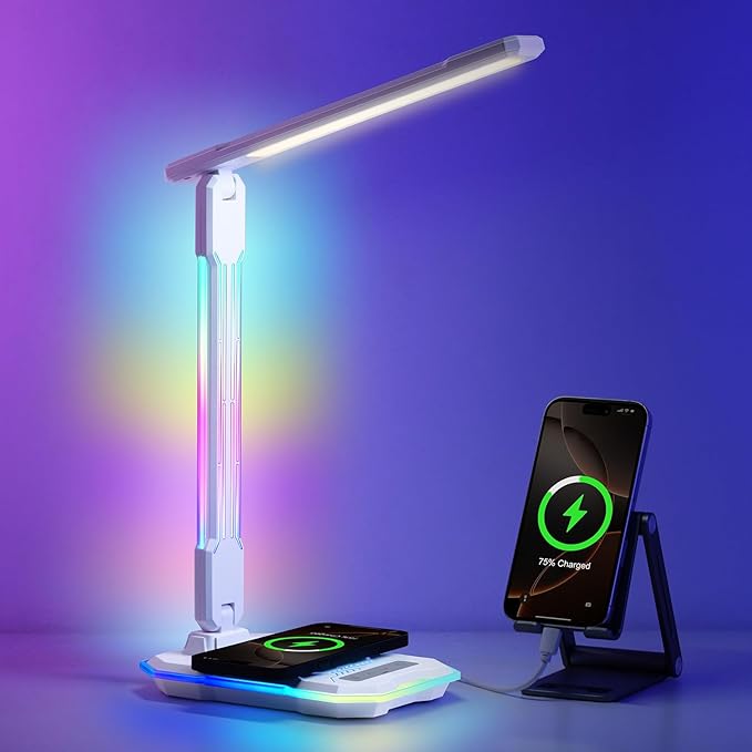 WILIT Desk Lamp for College Dorm Room,Sound Reactive RGB Lamp, Gamer Room Decor, Table Lamp with Wireless Charger&USB Charging Port,Touch Control Lamp,LED Reading Lamp for Home Office,Men Gifts