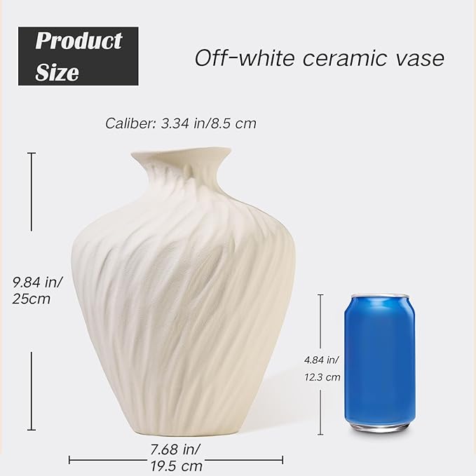 Ceramic Vase - Beige Flower Vase for Home Decor, Boho Farmhouse Minimalist Modern & Wabi Sabi Style Centerpiece with Textured Wave Pattern for for Living Room, Ideal Gift for Housewarming