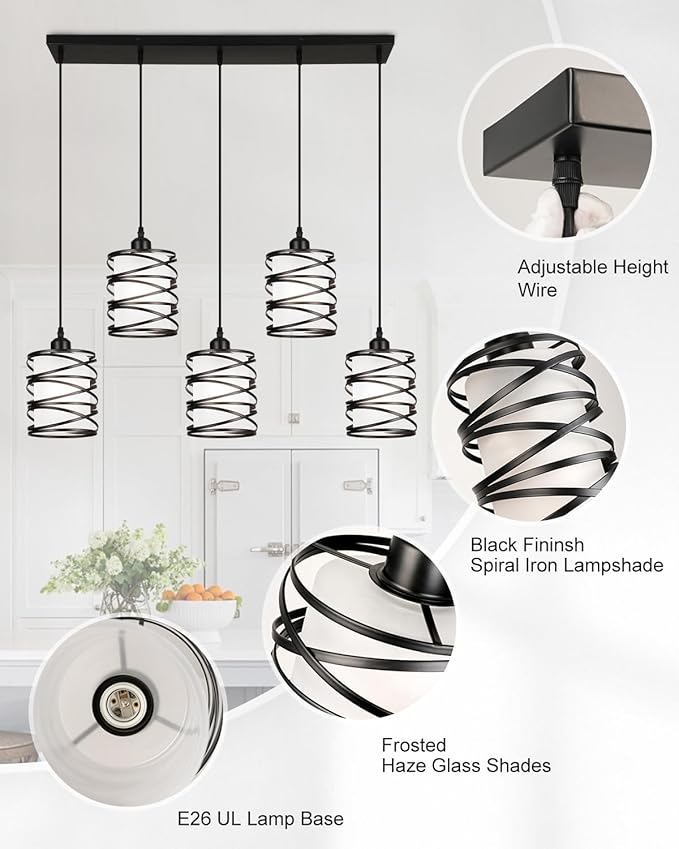 Black Pendant Lights Kitchen Island, Farmhouse Chandeliers for Dining Room 5-Light Pendant Light Hanging Linear Chandeliers, Kitchen Island Lighting with Frosted Glass Shades